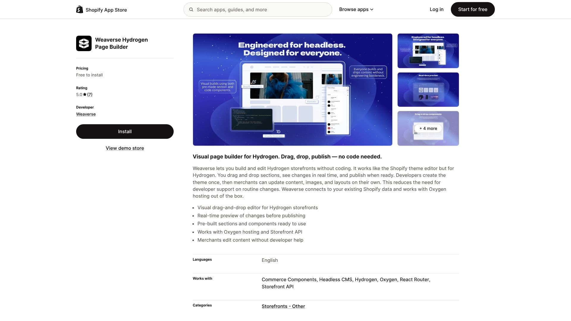 Weaverse Hydrogen Page Builder のスクリーンショット