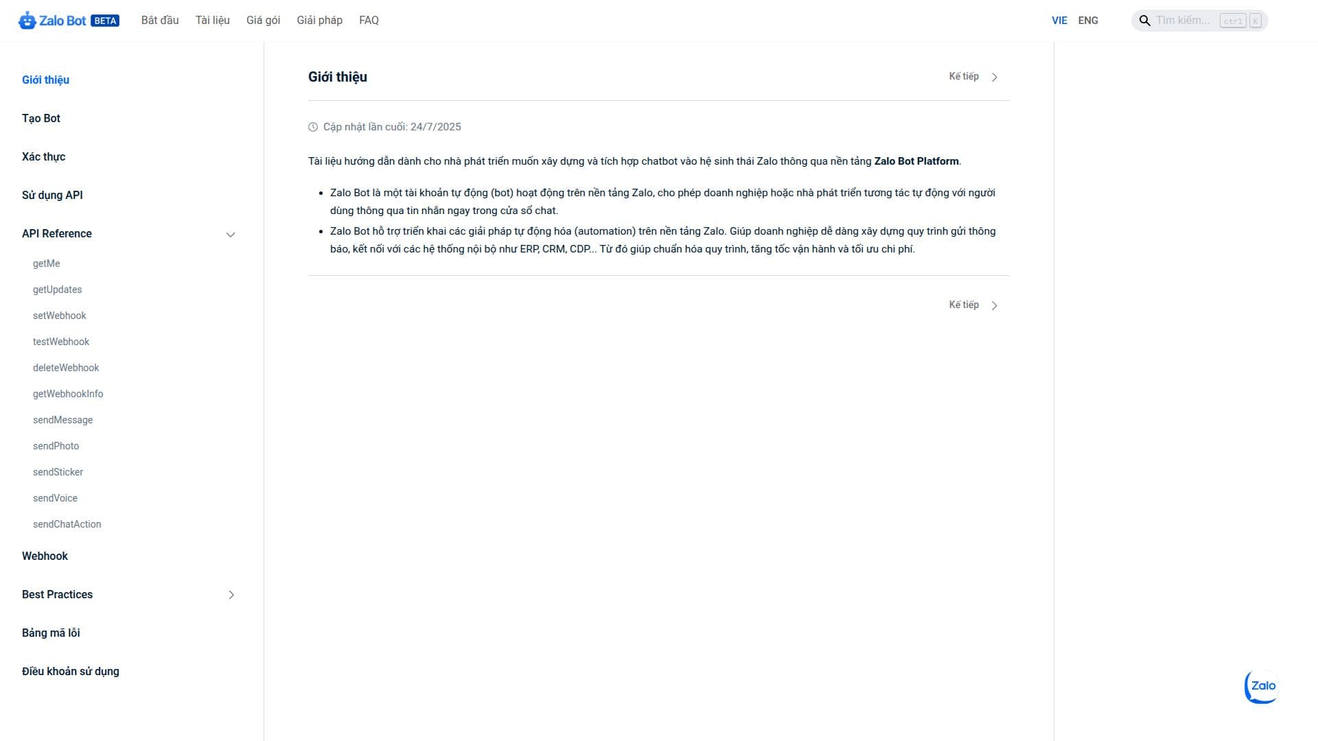 Tangkapan layar Zalo Bot Platform