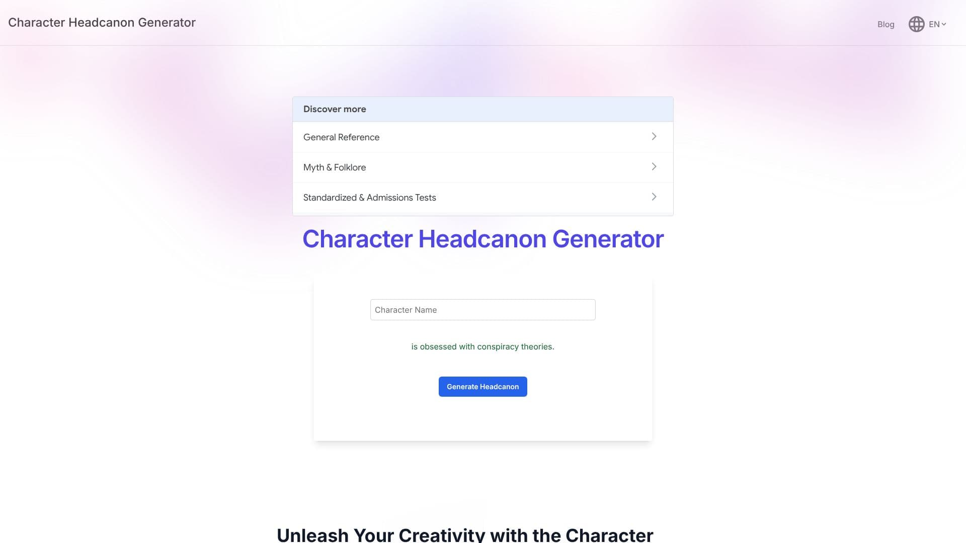 Tangkapan layar Generator Headcanon Karakter