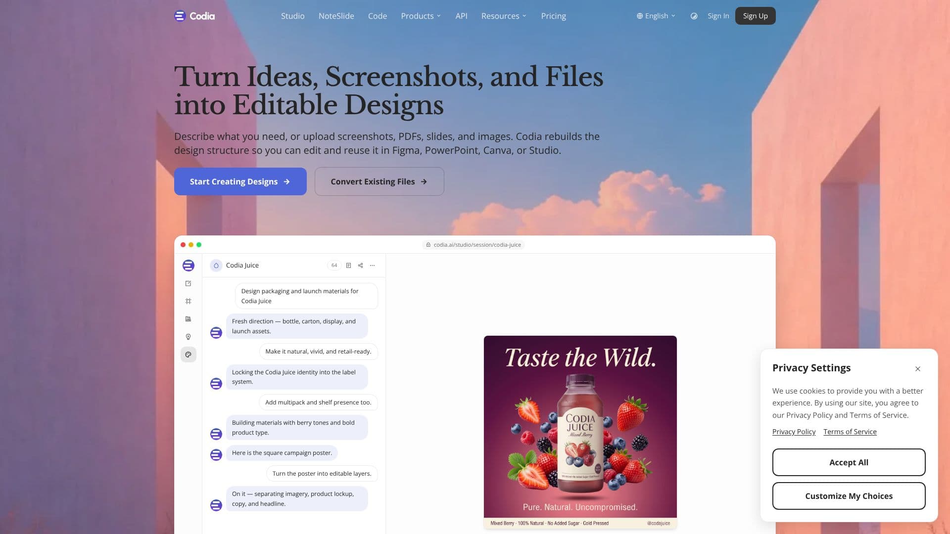 Screenshot von Codia - KI-Design & Entwicklung