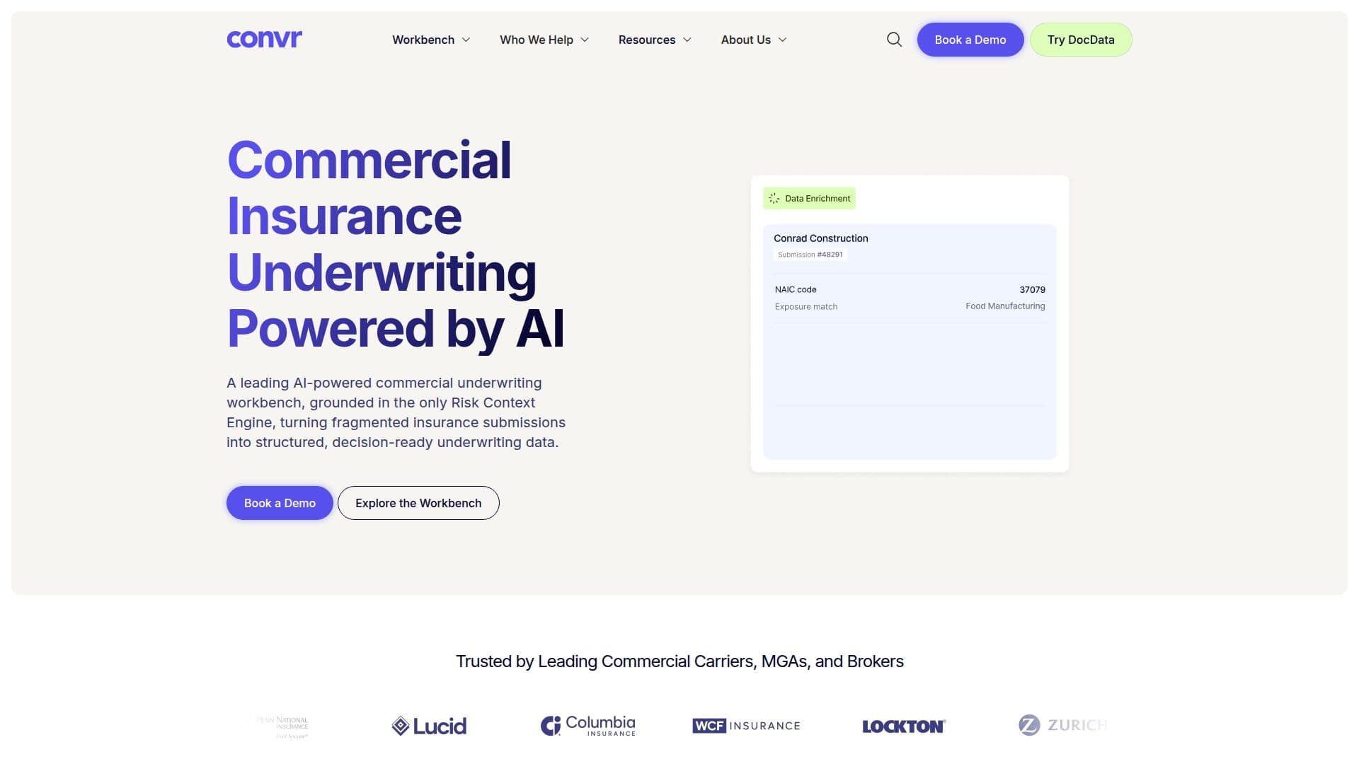 Captura de pantalla de Convr AI Underwriting Workbench