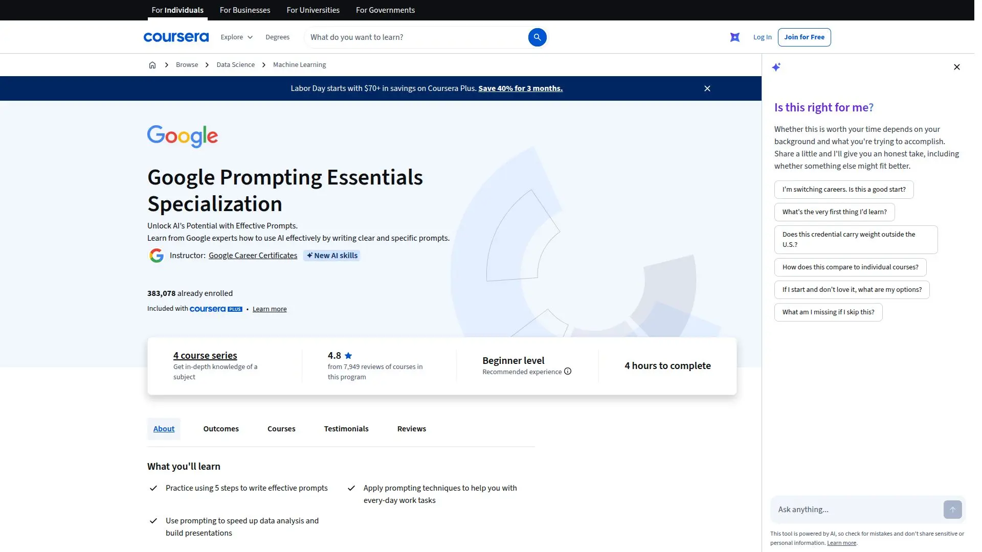 Screenshot von Google Prompting Essentials | Coursera