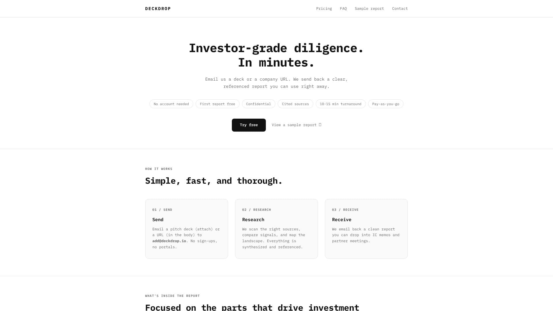 Screenshot von Deckdrop — Investor Diligence