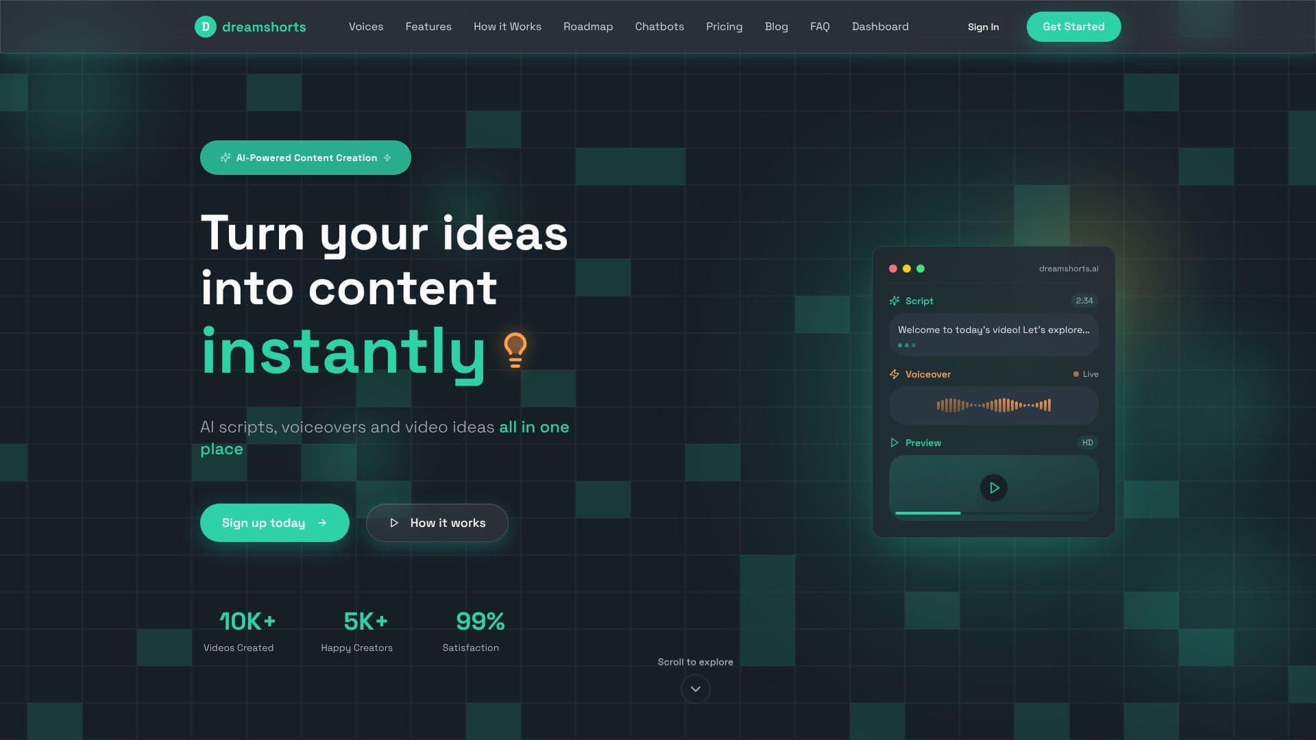 DreamShorts AI Content Platform screenshot