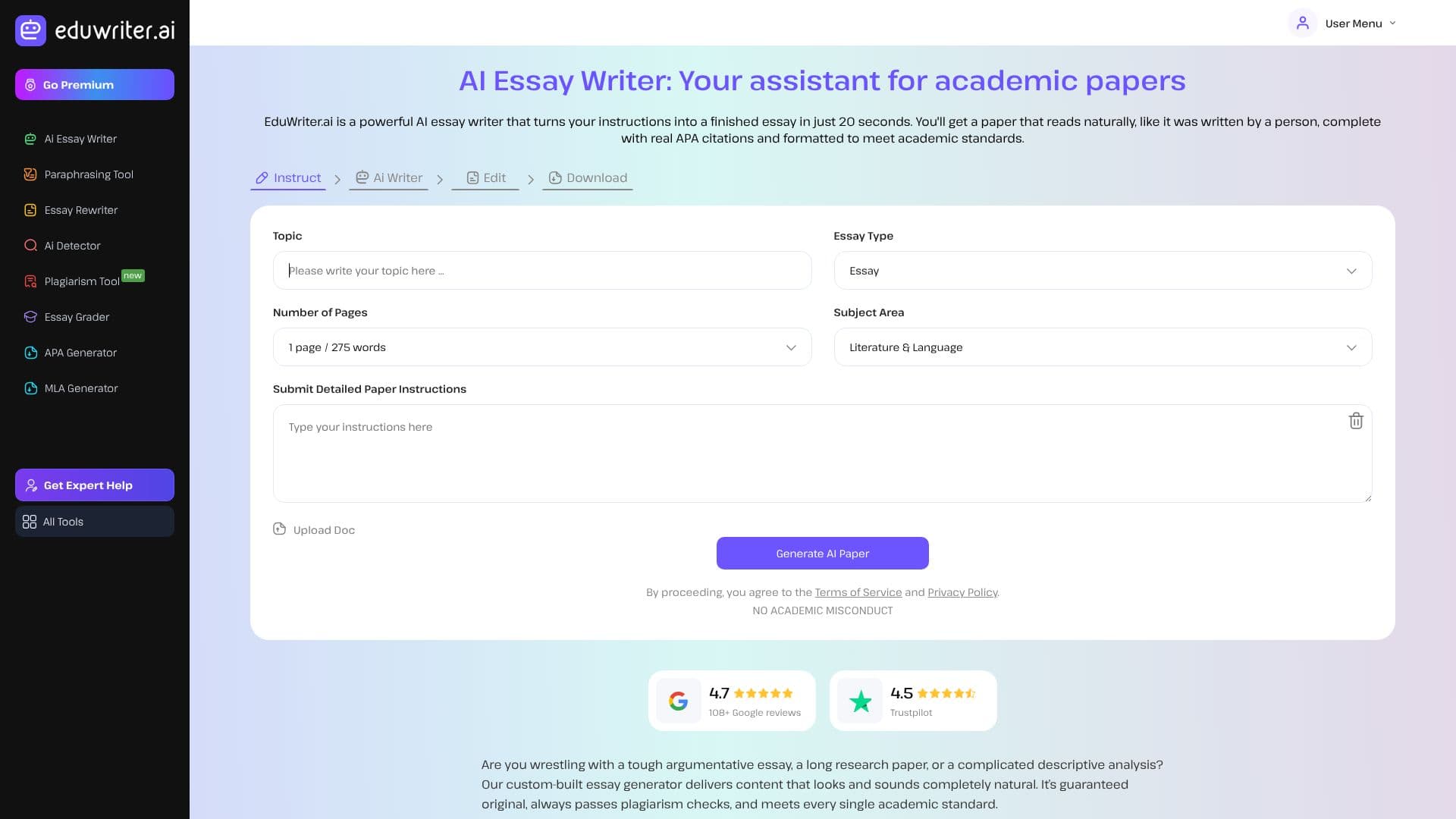 Screenshot von EduWriter AI Essay Writer