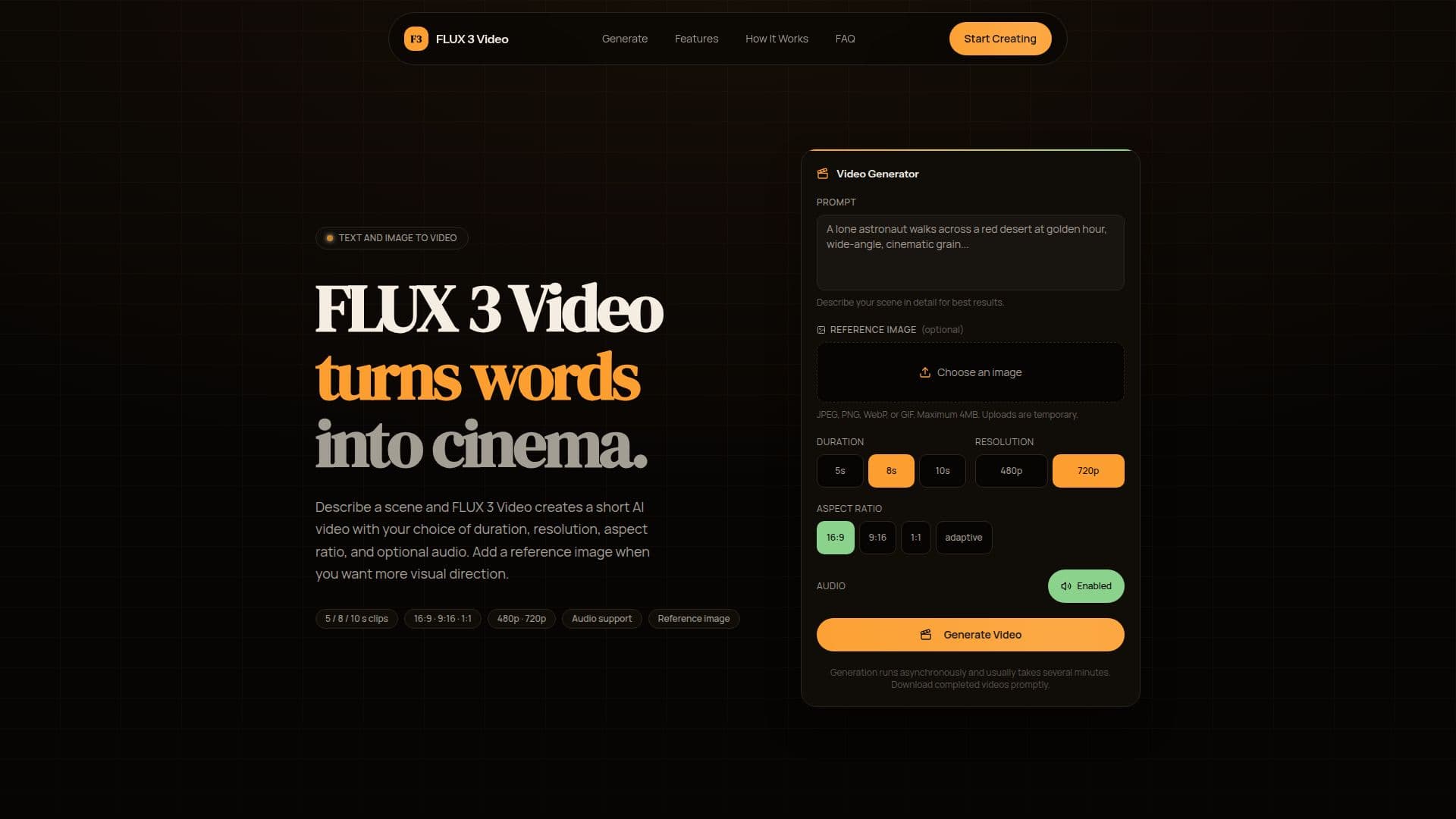 لقطة شاشة لـ FLUX 3 Video — مولد الفيديو الذكي من النصوص عبر الإنترنت