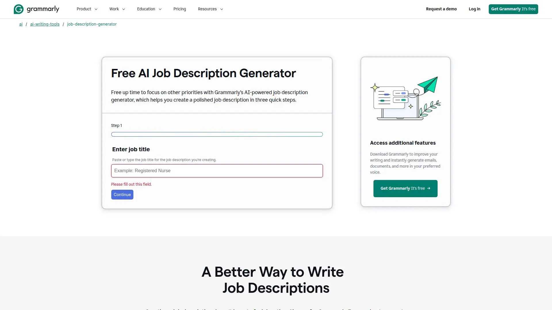 Screenshot von Grammarly Job Description Generator
