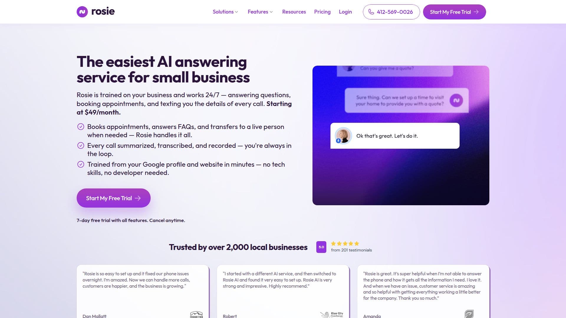 Rosie AI Call Answering Service screenshot