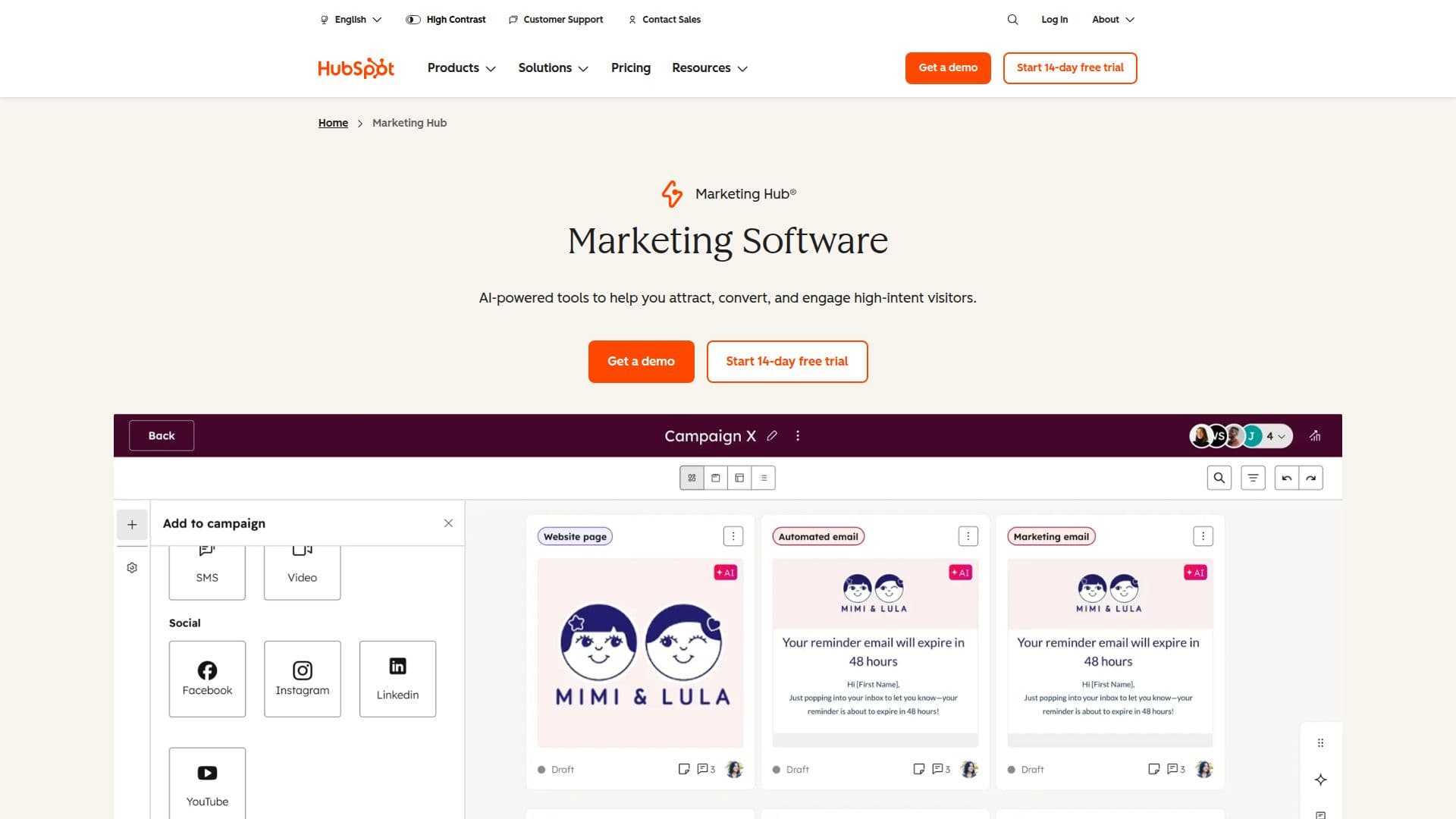 HubSpot 마케팅 허브 스크린샷