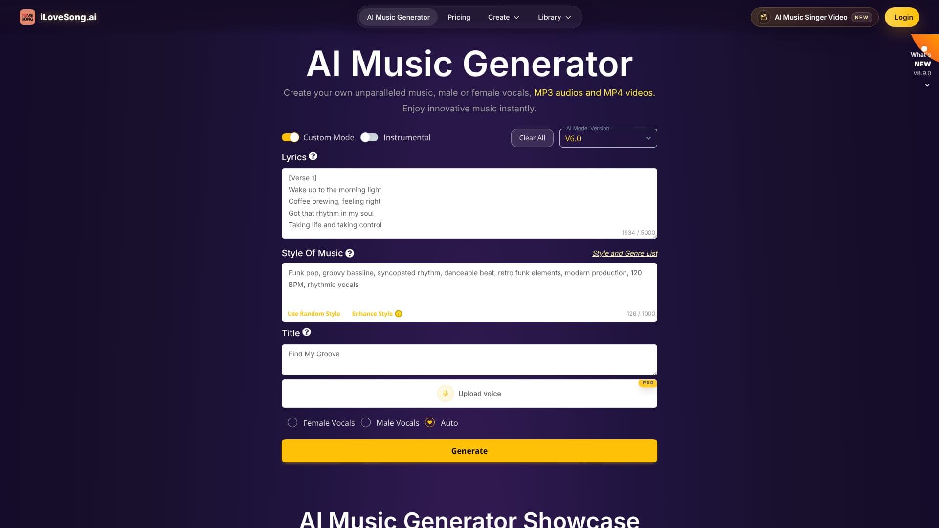 Tangkapan layar Generator Musik AI oleh SongAI