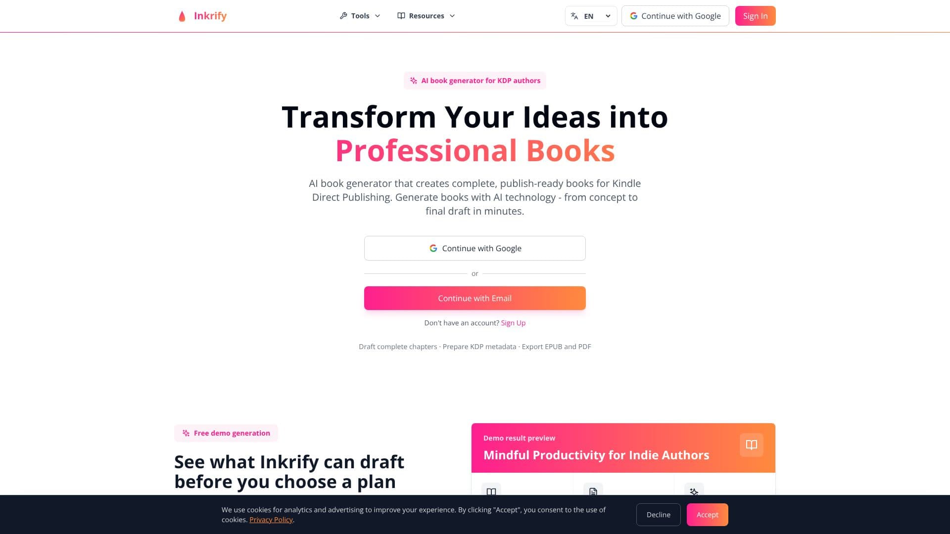 Скриншот Генератор книг Inkrify AI