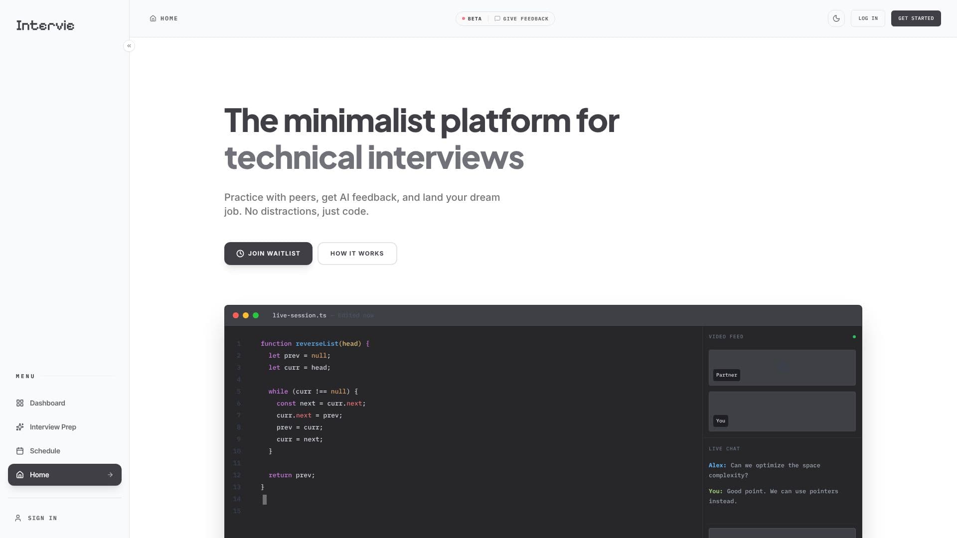 Screenshot von Intervie Technische Interview-Plattform