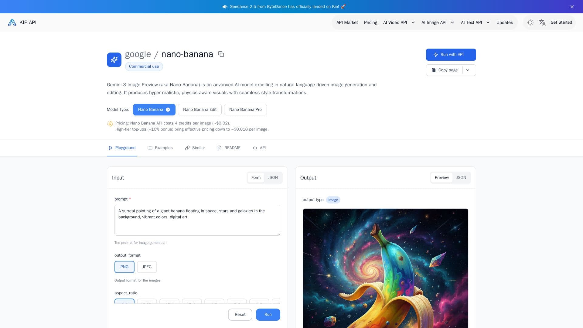 Captura de pantalla de Kie.ai Nano Banana API