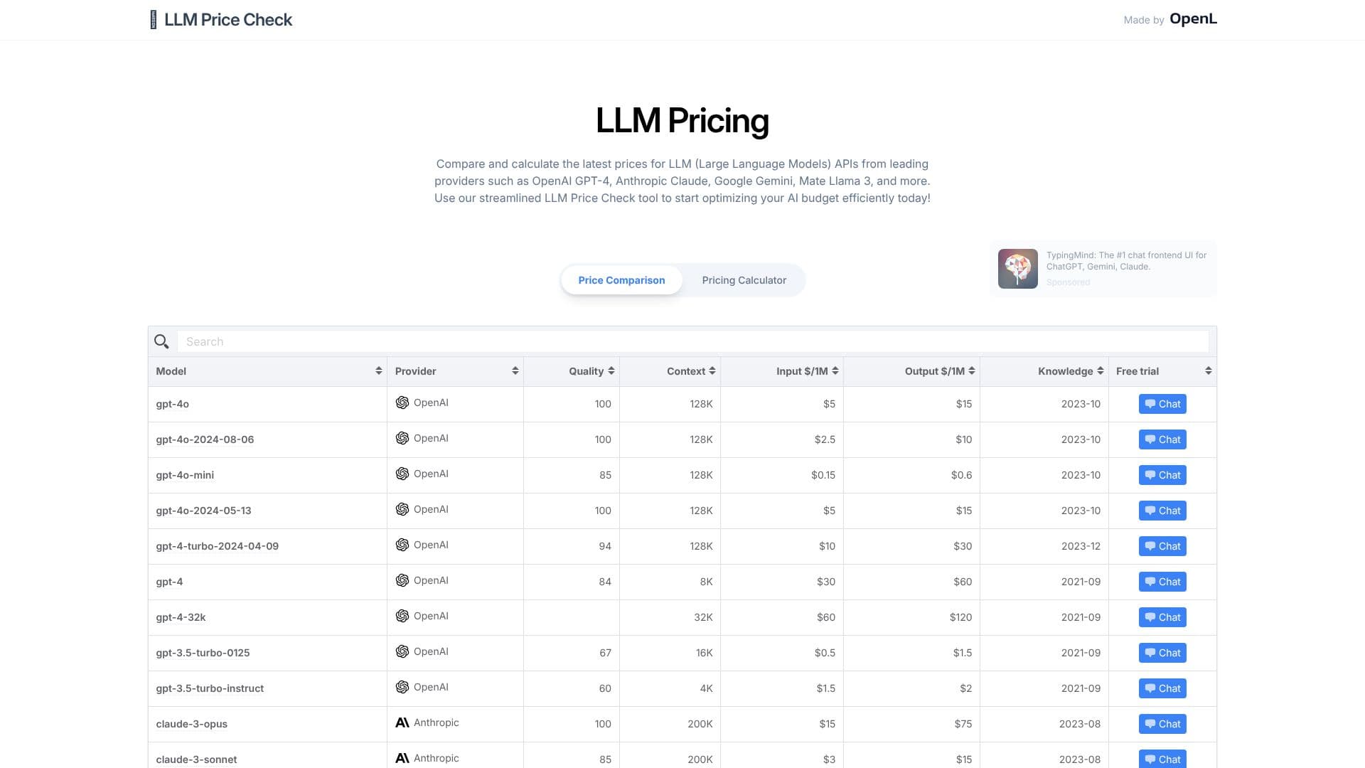 Captura de pantalla de Verificador de Precios de LLM