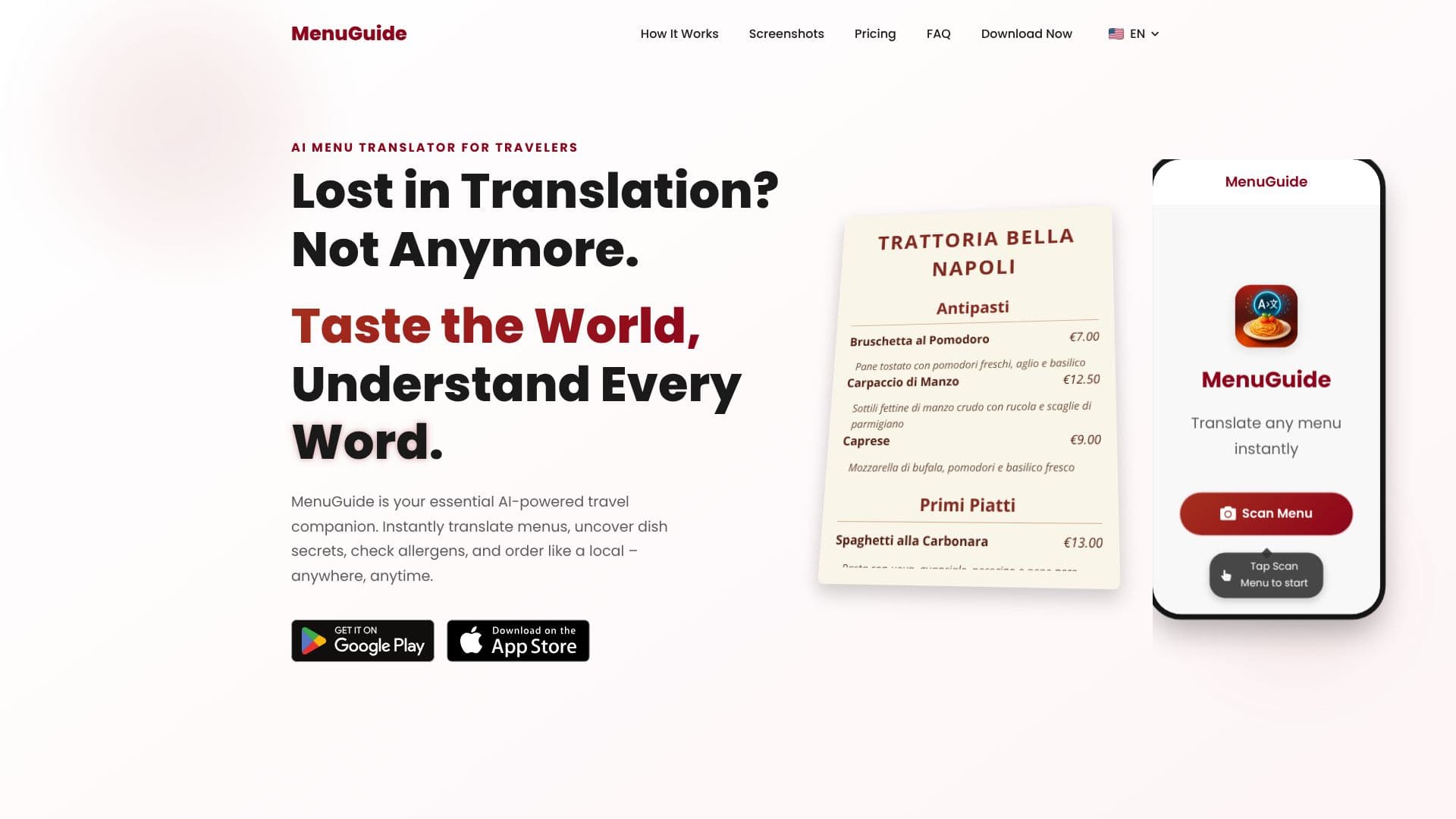 لقطة شاشة لـ MenuGuide مترجم قوائم الطعام بالذكاء الاصطناعي