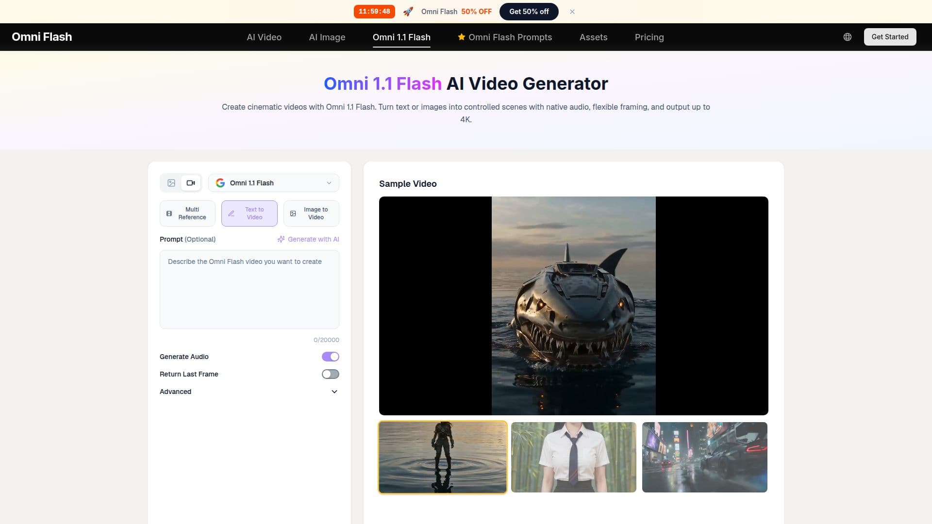 Omni 1.1 플래시 AI 비디오 생성기 스크린샷