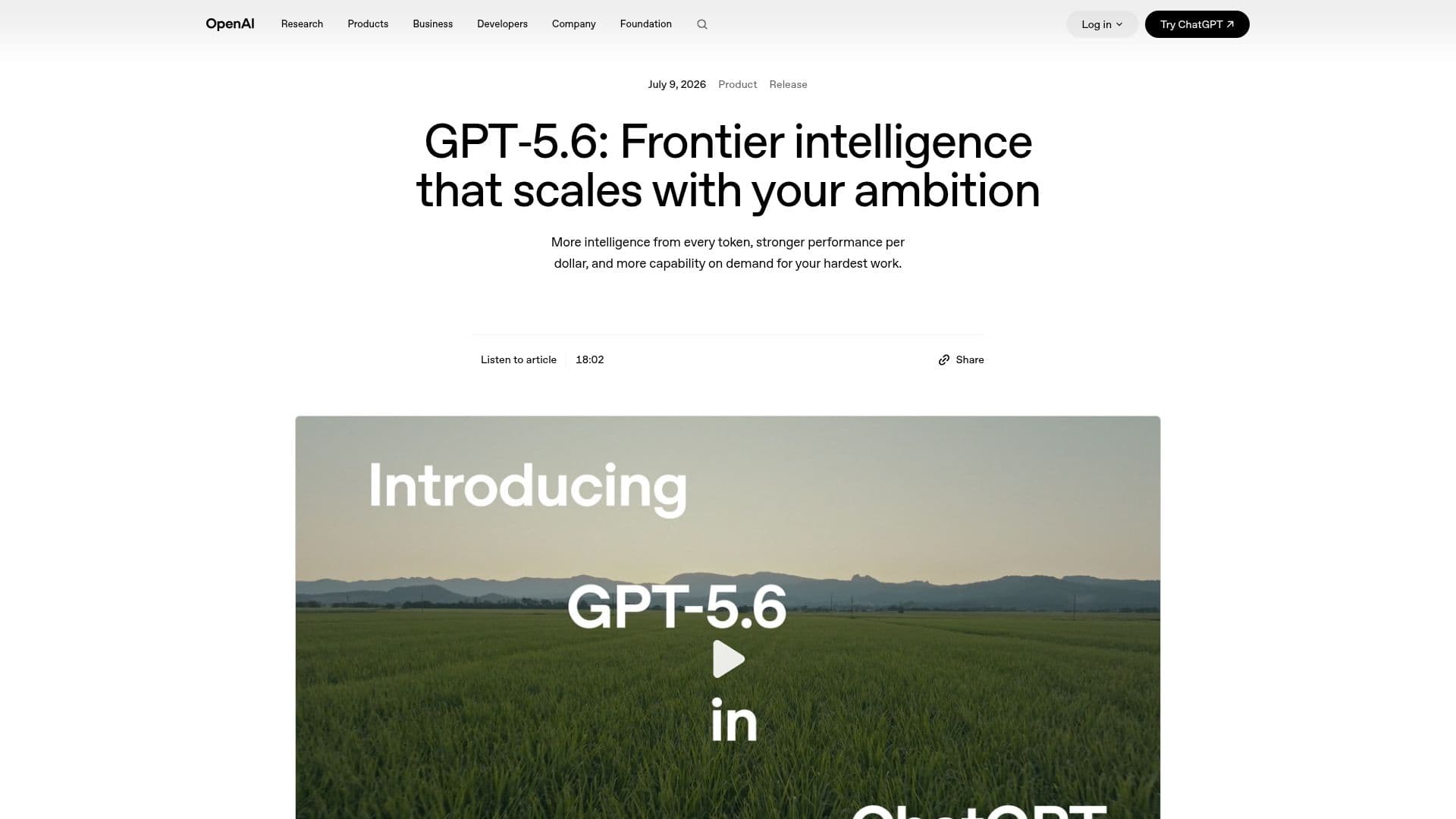 GPT-5.6: Frontier intelligence that scales with your ambition screenshot