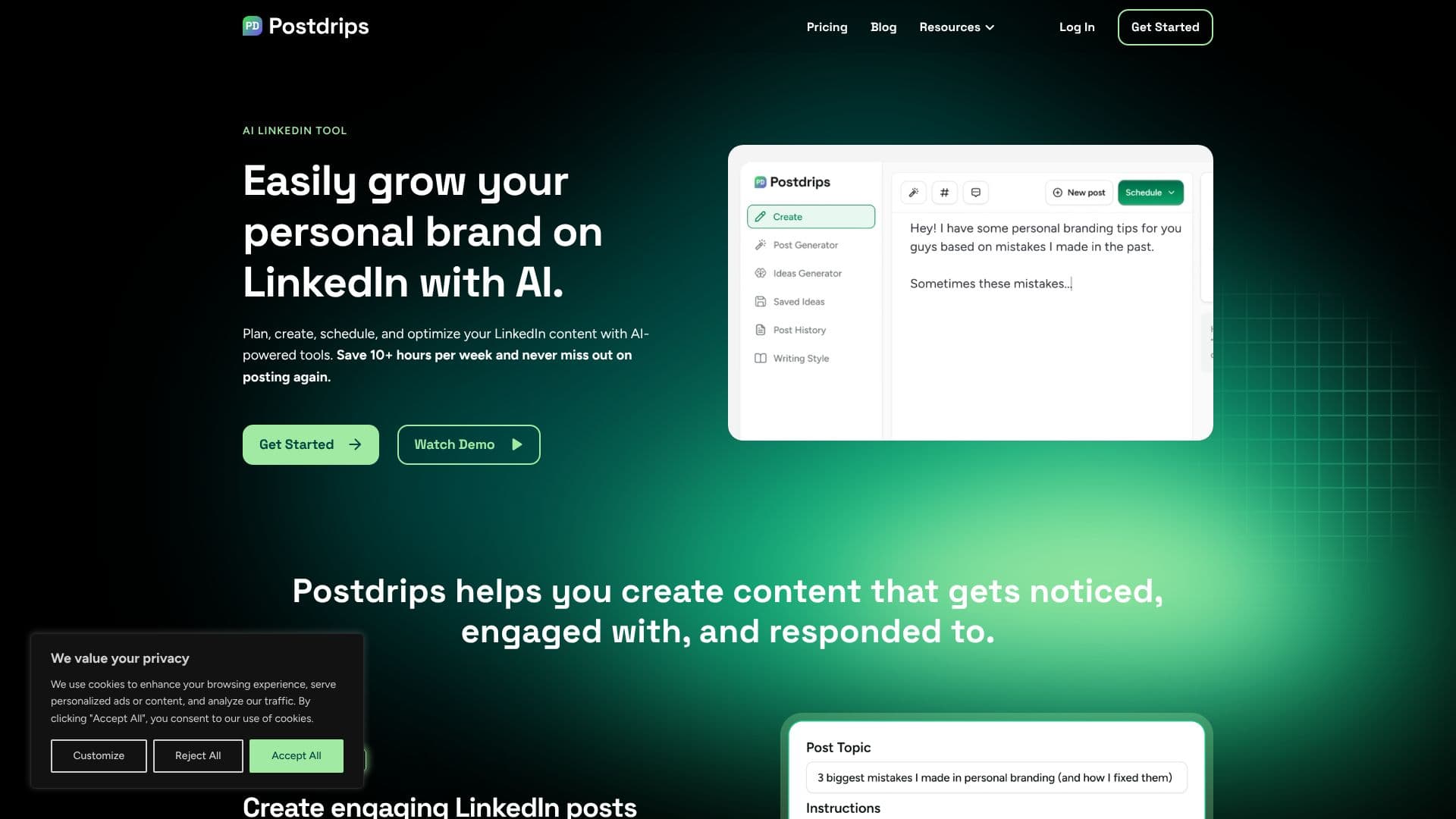 Screenshot von Postdrips: KI-Tool für LinkedIn