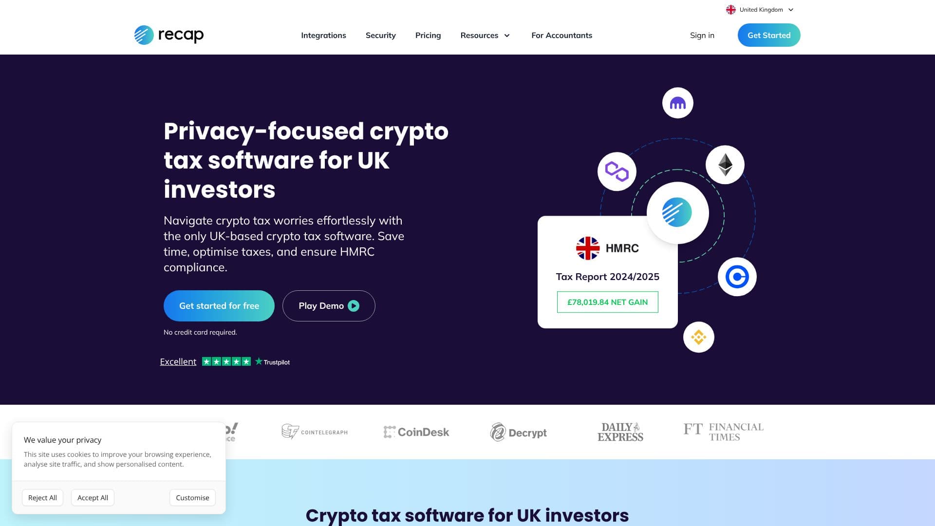 Captura de pantalla de Recap Crypto Tax Software