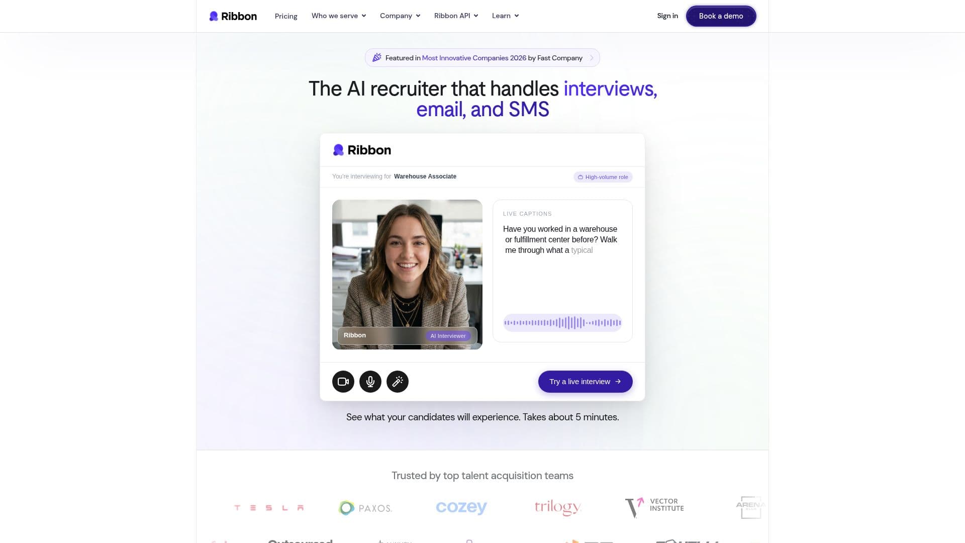 Captura de tela do Ribbon AI Recruiter para Entrevistas, Email e SMS