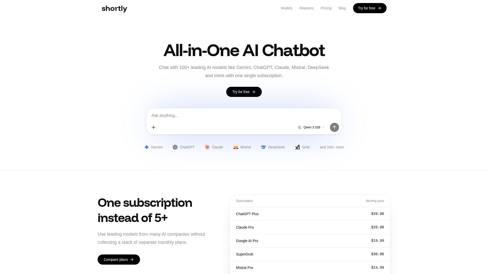 Captura de pantalla de Shortly AI — Chatbot AI Todo-en-Uno