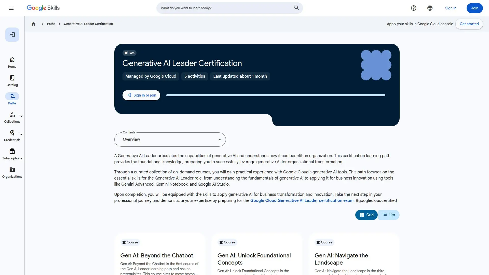 Captura de pantalla de Certificación de Líder en IA Generativa de Google Cloud