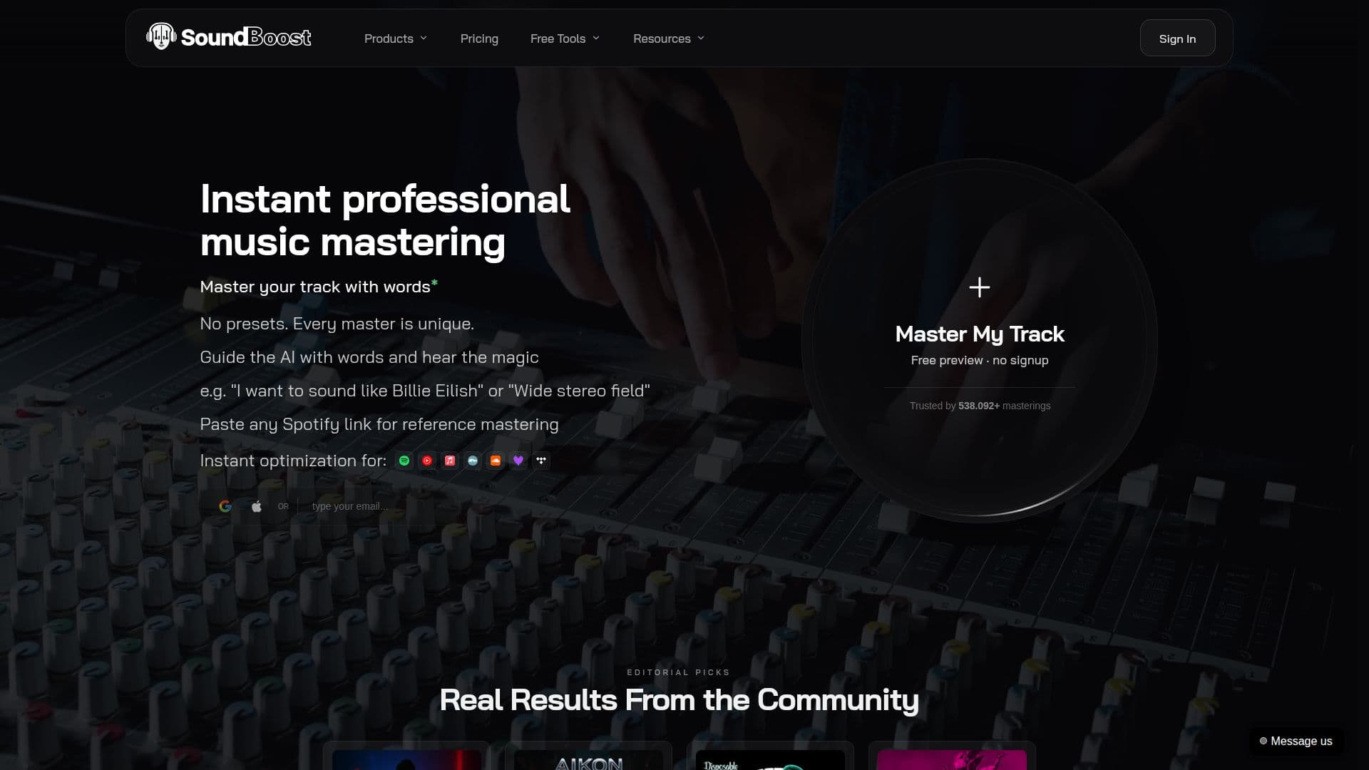 Screenshot von SoundBoost.ai