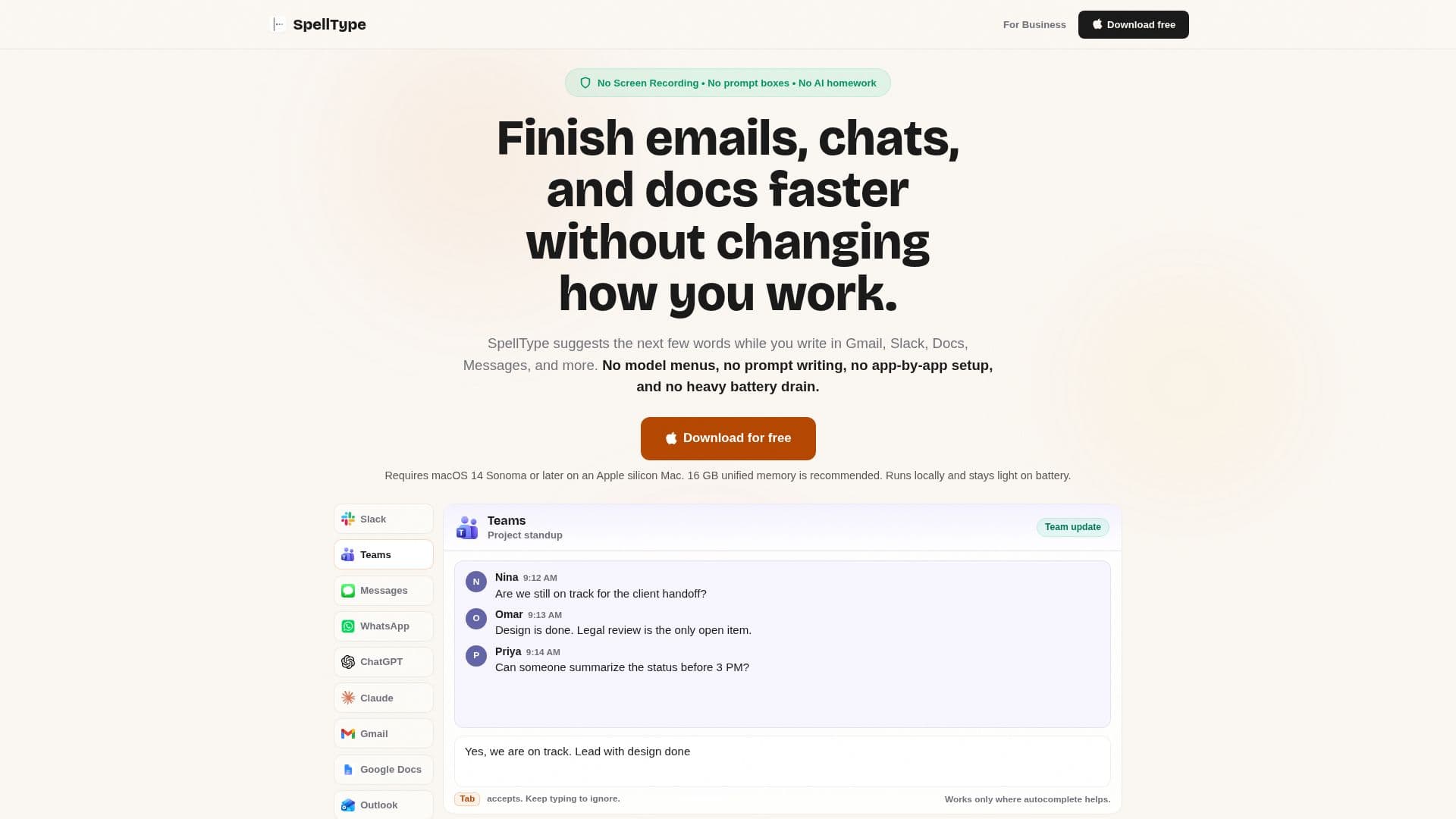 SpellType - Private AI autocomplete for Mac screenshot