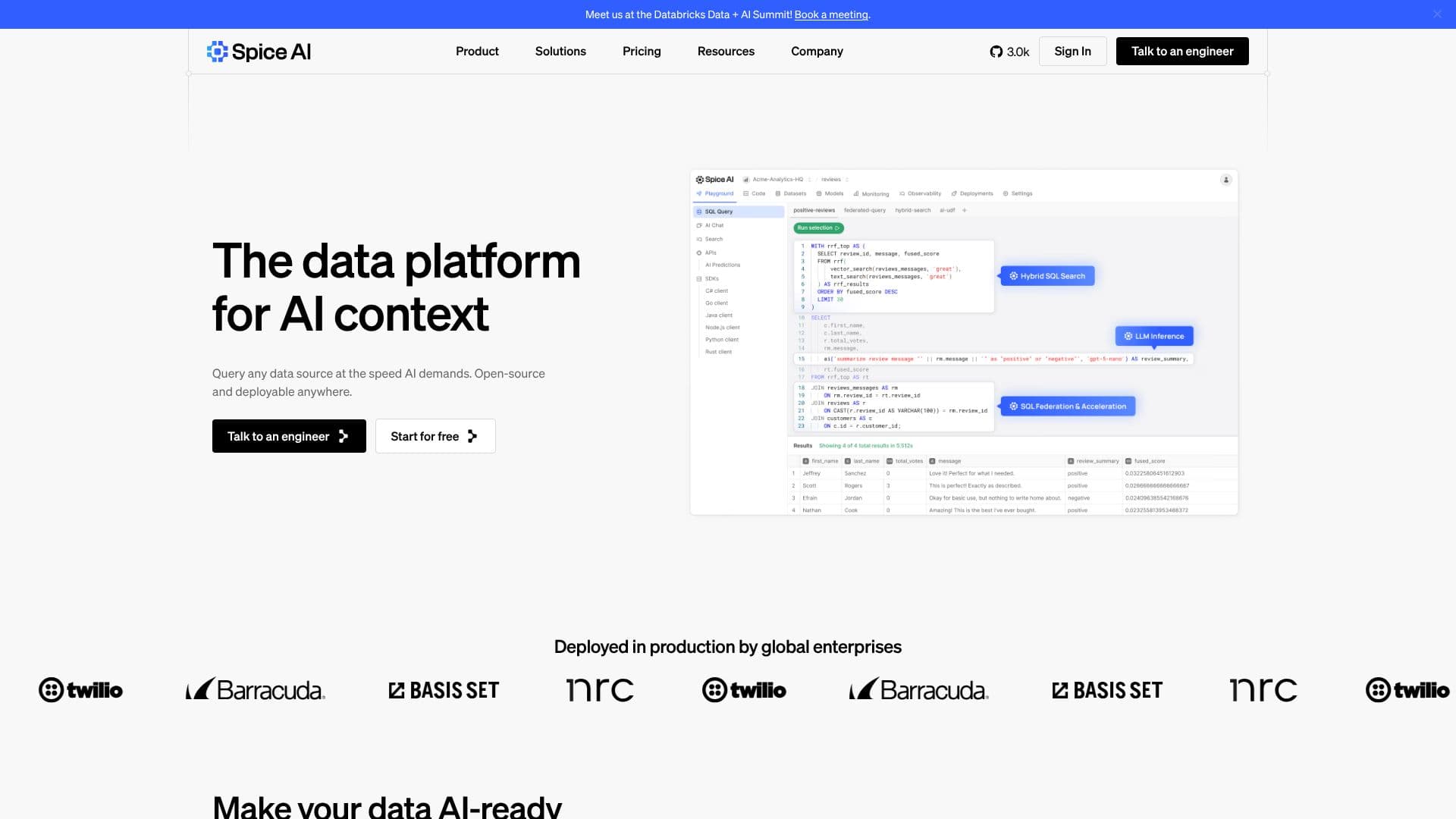 Скриншот Spice AI Data Platform