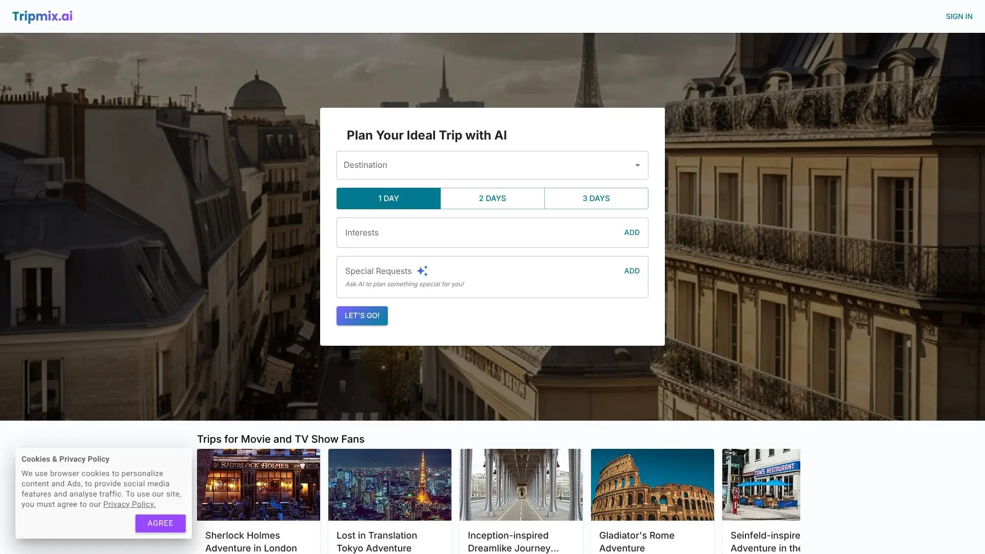 Screenshot von Tripmix.ai Reiseplaner