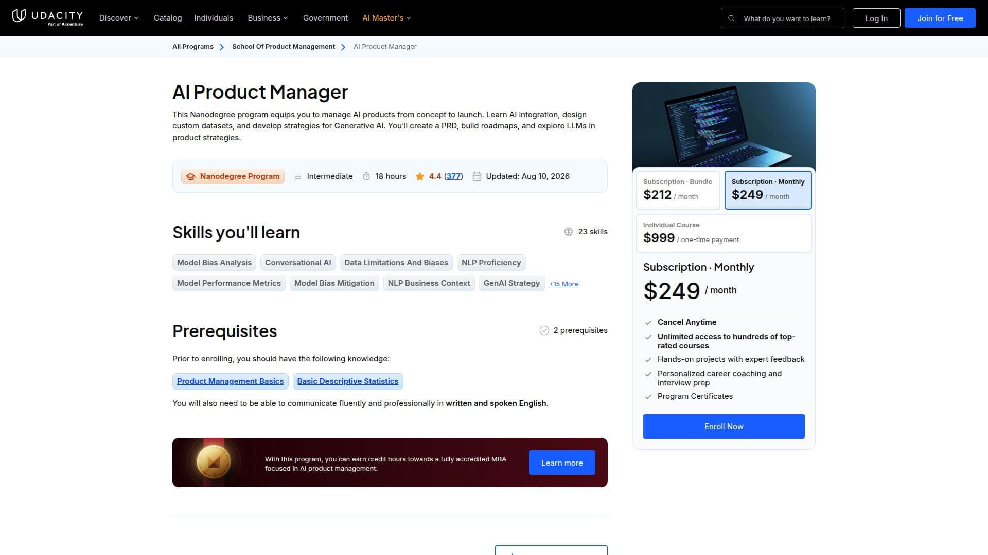 Capture d’écran de Nanodegree Gestionnaire de Produits IA Udacity
