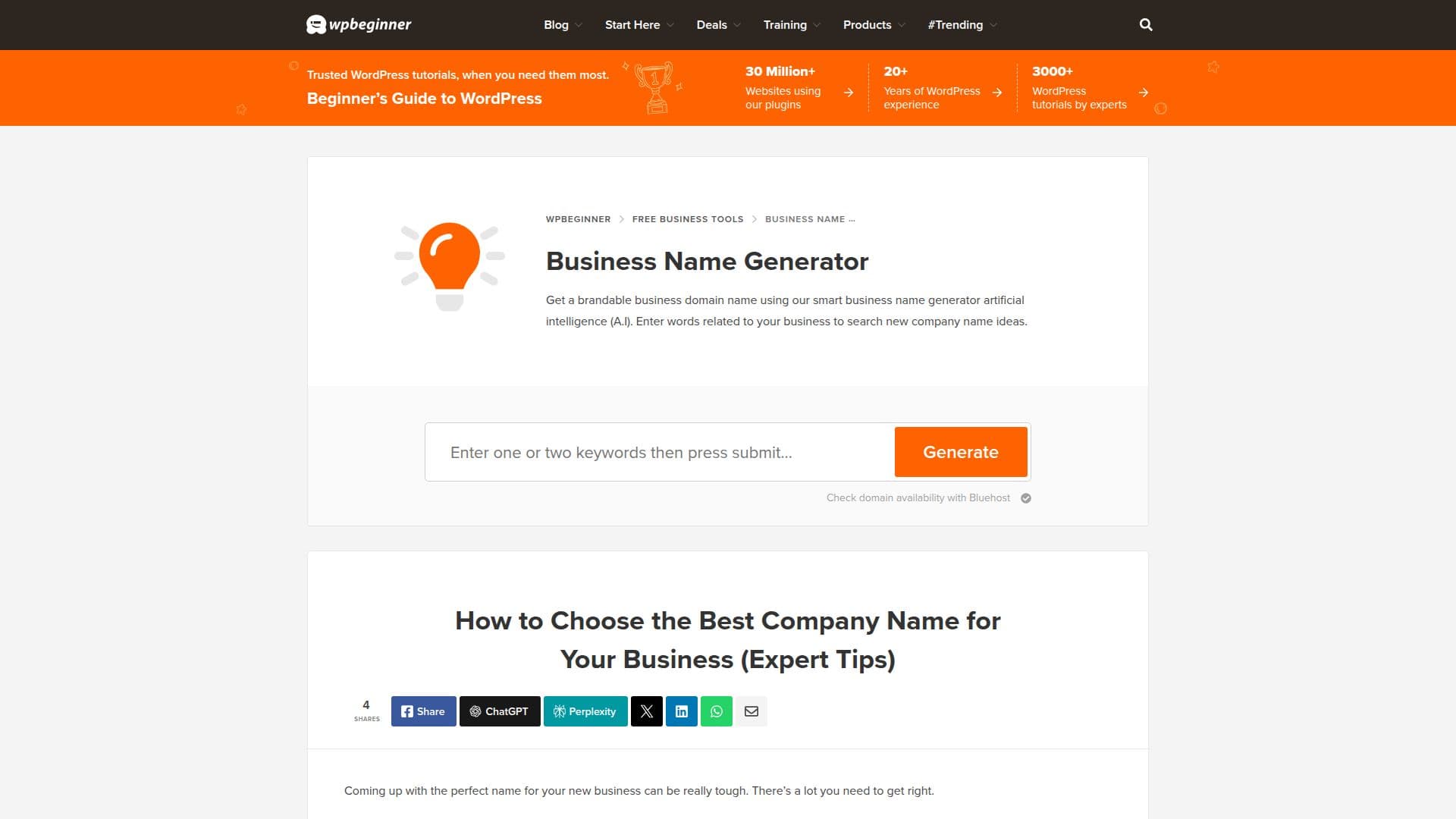 WPBeginner Business Name Generator screenshot