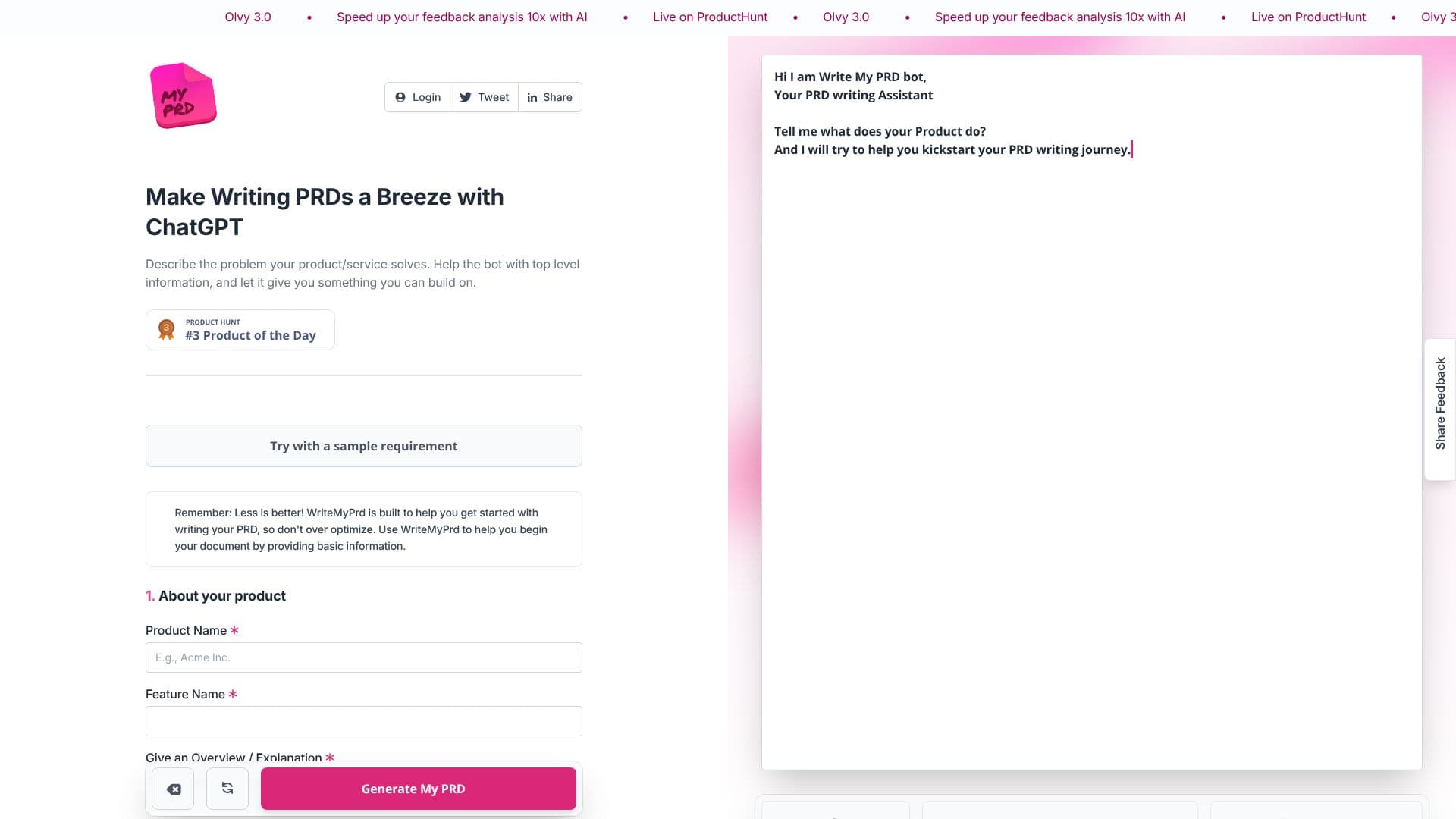 Screenshot von WriteMyPrd
