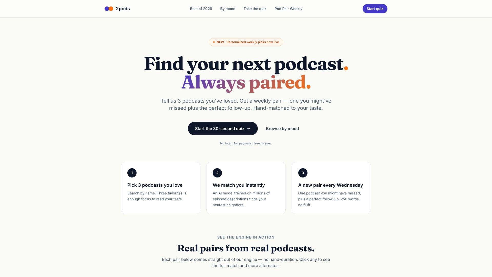 Tangkapan layar 2pods — Temukan podcast Anda selanjutnya