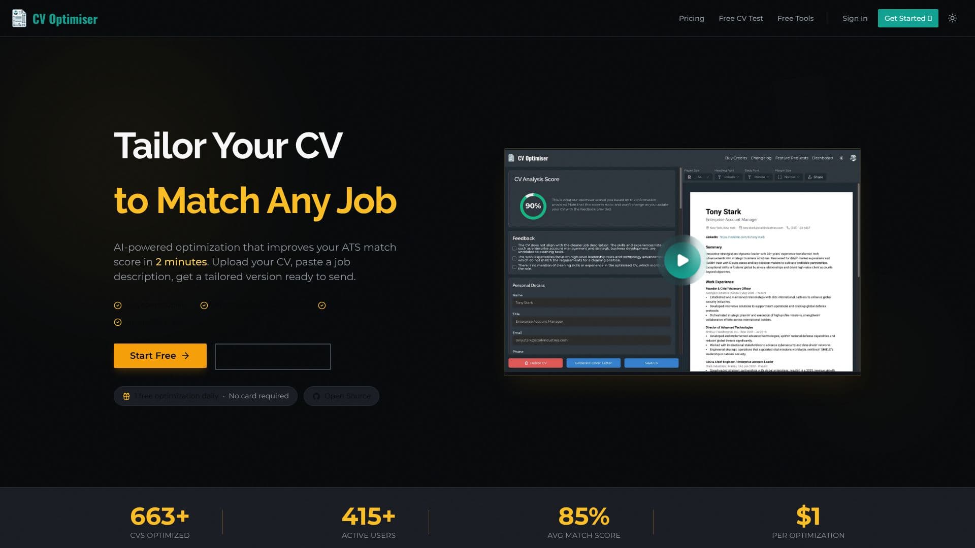 Tangkapan layar Optimiser CV