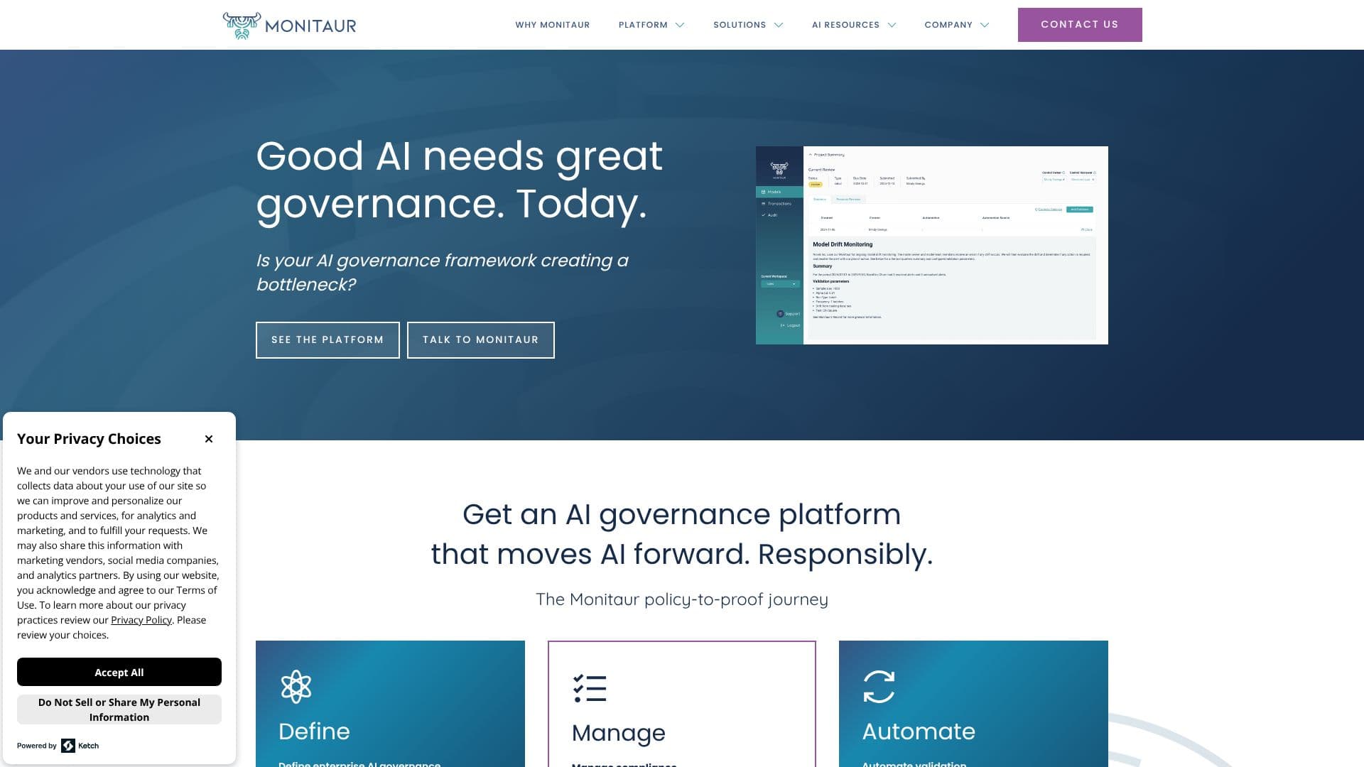 لقطة شاشة لـ Monitaur AI Governance