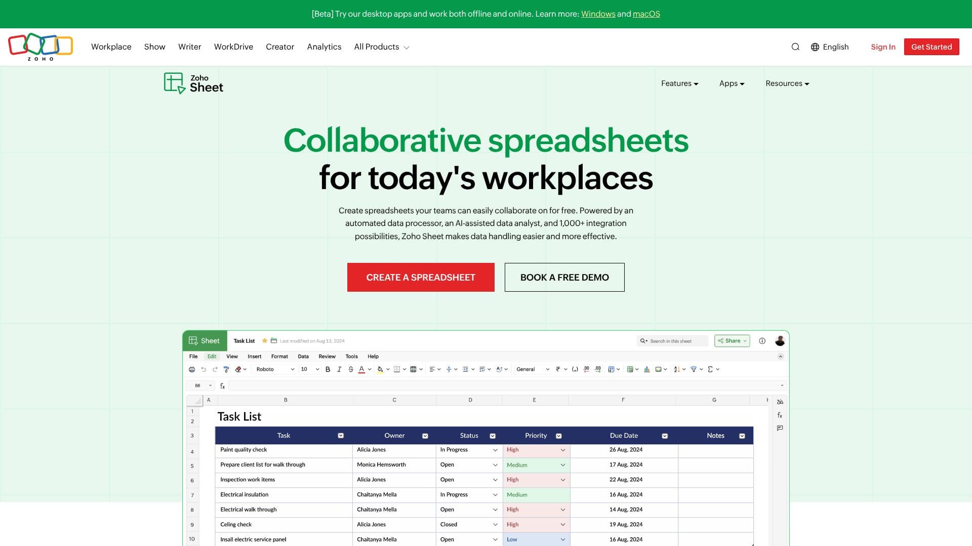 Screenshot von Zoho Sheet