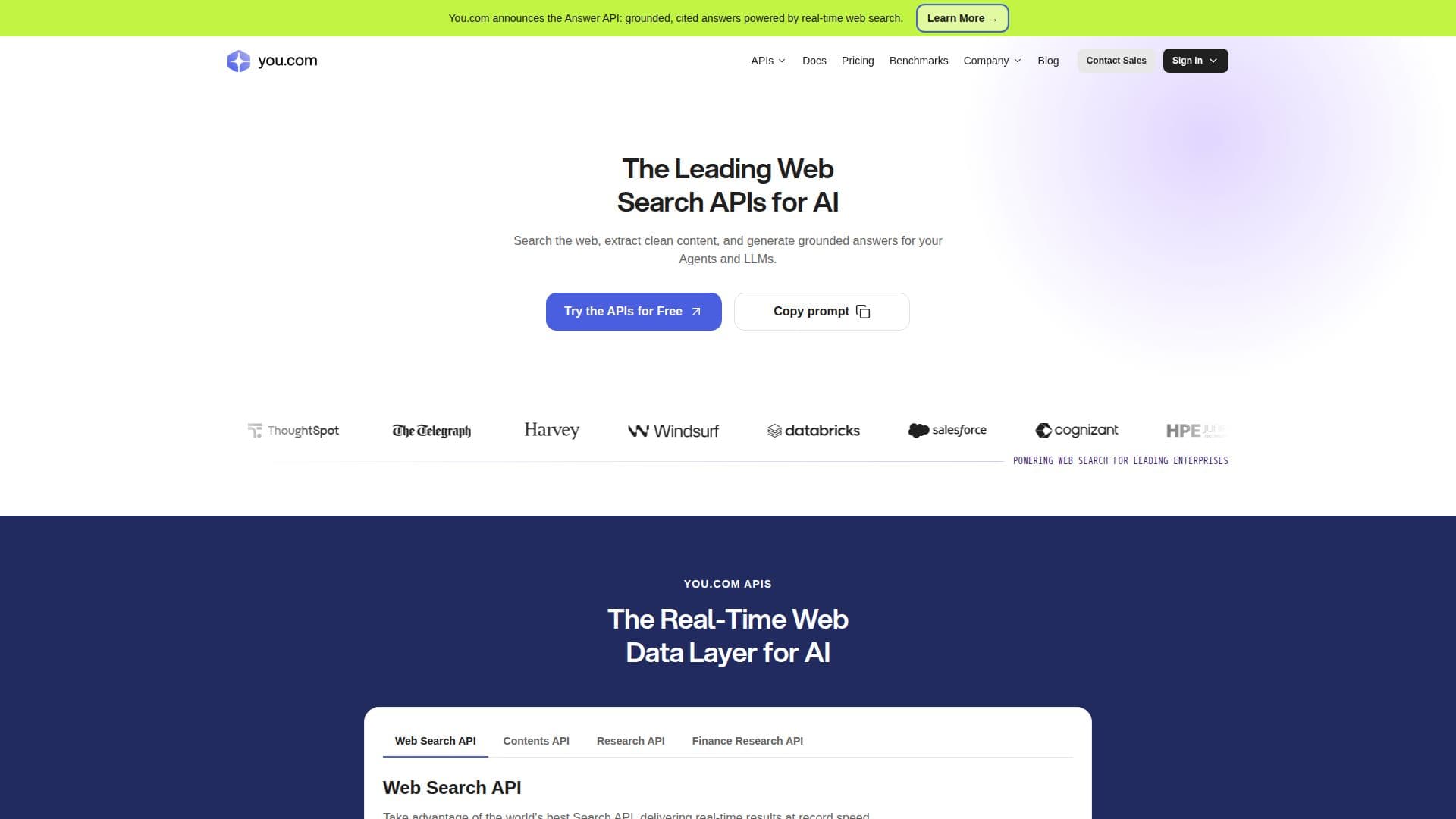 Capture d’écran de You.com APIs de recherche Web